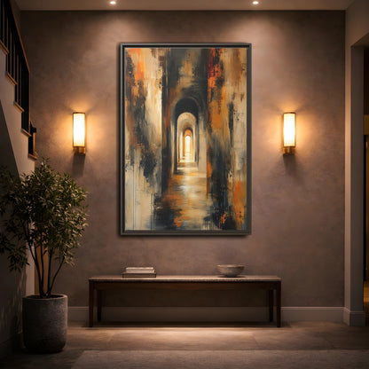 Abstract Arched Tunnel Gold and Black Framed Canvas Wall Art - Living Room Above Couch shown as canvas wall art