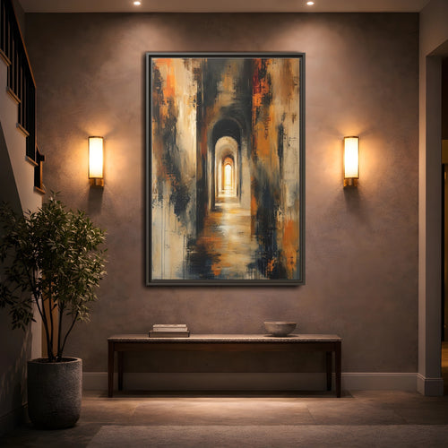 Mockup 2. Abstract Arched Tunnel Gold And Black shown as stretched canvas wall art