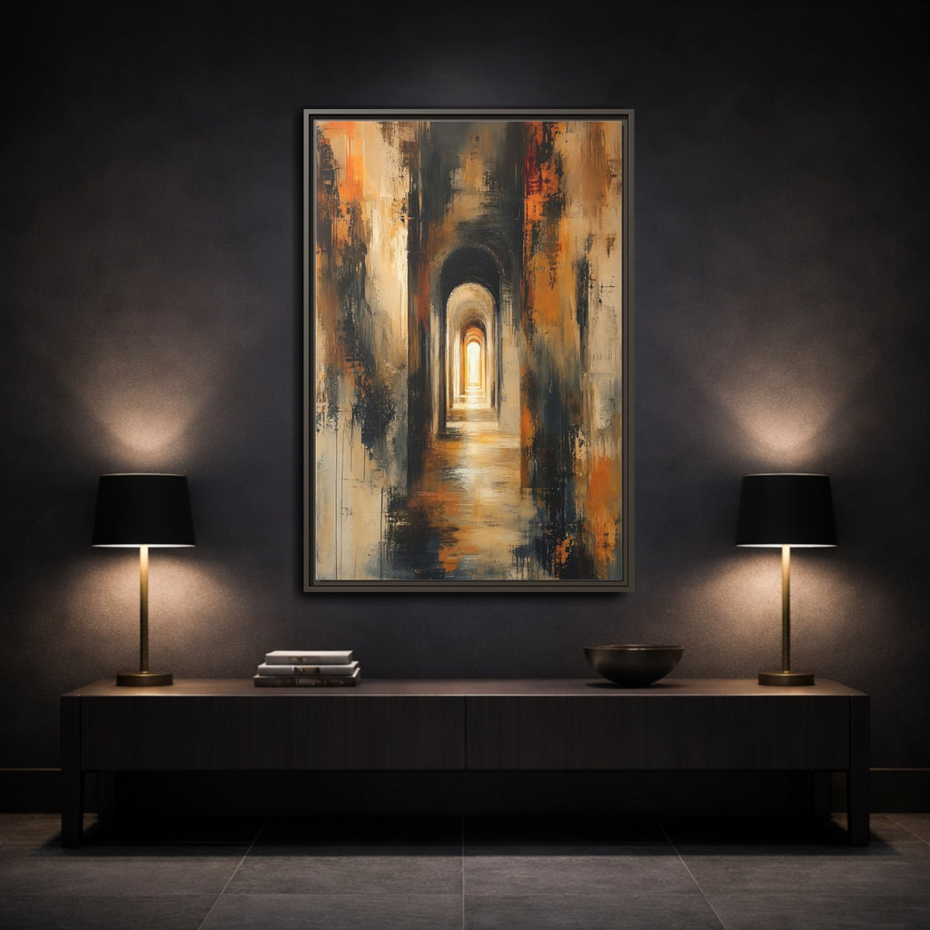 Mockup 3. Abstract Arched Tunnel Gold And Black shown as stretched canvas wall art