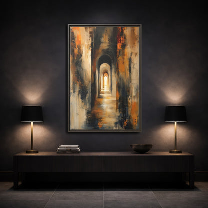 Abstract Arched Tunnel Gold and Black Framed Canvas Wall Art - Living Room Above Couch shown as canvas wall art