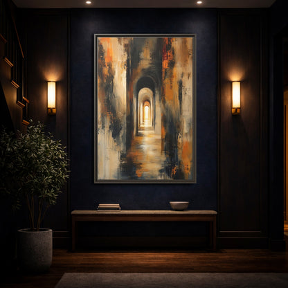 Abstract Arched Tunnel Gold and Black Framed Canvas Wall Art - Living Room Above Couch shown as canvas wall art