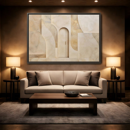 Mockup 2. Abstract Architectural Facade Neutral Tones shown as stretched canvas wall art