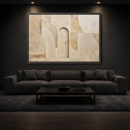 Mockup 3. Abstract Architectural Facade Neutral Tones shown as stretched canvas wall art