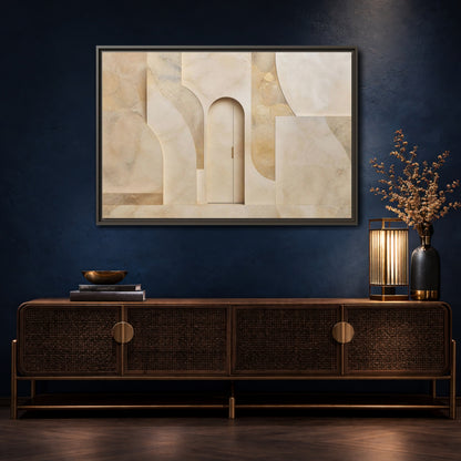 Mockup 4. Abstract Architectural Facade Neutral Tones shown as stretched canvas wall art