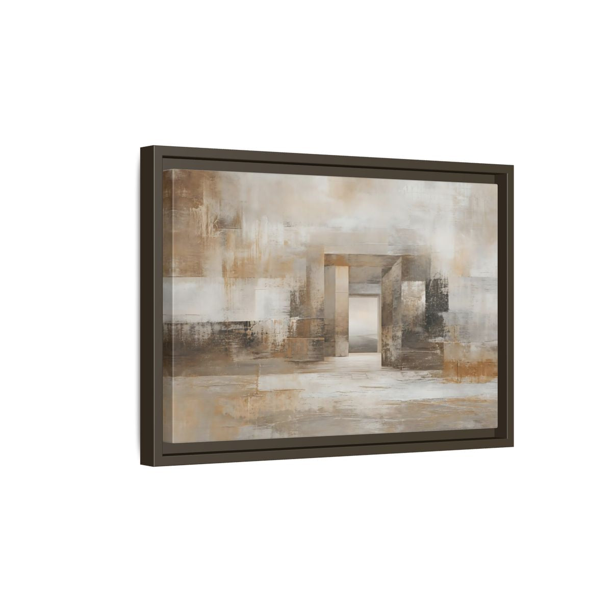 Side Mockup 5. Abstract Architectural Forms Brown And Beige shown as stretched canvas wall art