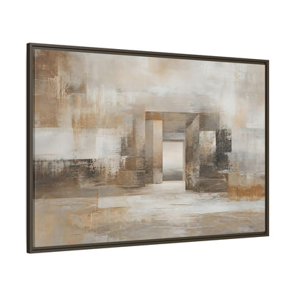 Side Mockup 8. Abstract Architectural Forms Brown And Beige shown as stretched canvas wall art