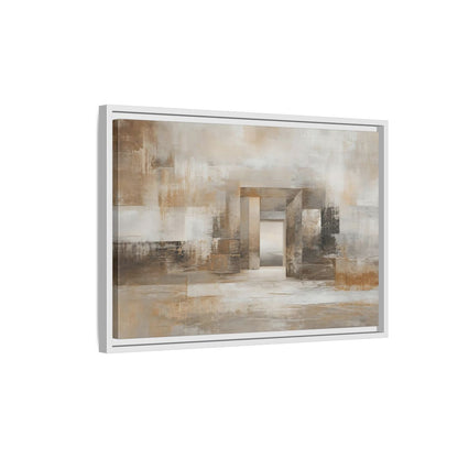 Side Mockup 1. Abstract Architectural Forms Brown And Beige shown as stretched canvas wall art