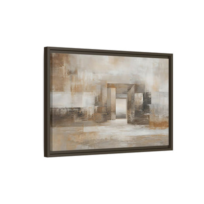 Side Mockup 2. Abstract Architectural Forms Brown And Beige shown as stretched canvas wall art