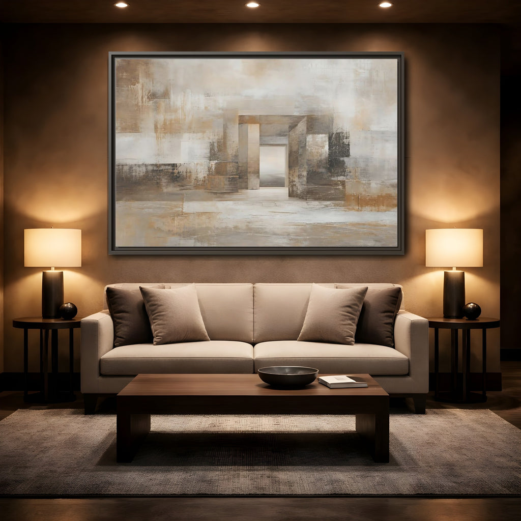 Mockup 2. Abstract Architectural Forms Brown And Beige shown as stretched canvas wall art