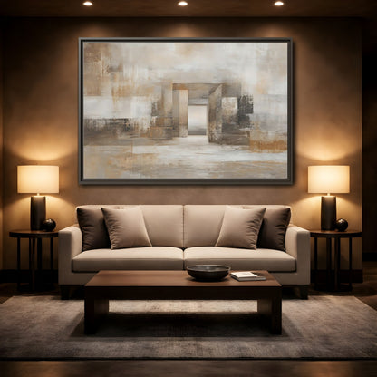 Mockup 2. Abstract Architectural Forms Brown And Beige shown as stretched canvas wall art