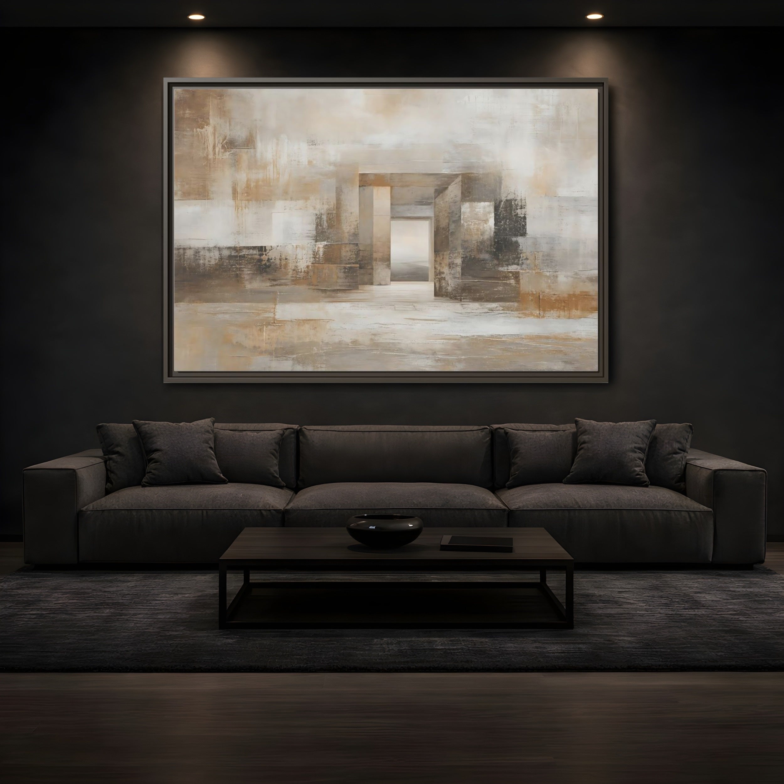 Mockup 3. Abstract Architectural Forms Brown And Beige shown as stretched canvas wall art