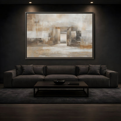 Mockup 3. Abstract Architectural Forms Brown And Beige shown as stretched canvas wall art