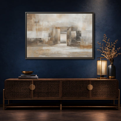 Mockup 4. Abstract Architectural Forms Brown And Beige shown as stretched canvas wall art
