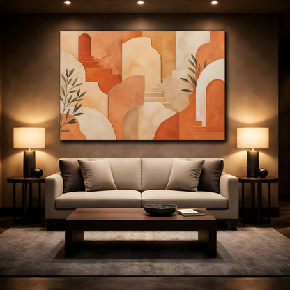 Mockup 2. Abstract Architectural Shapes Terracotta And Cream shown as stretched canvas wall art