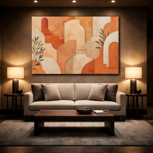 Mockup 2. Abstract Architectural Shapes Terracotta And Cream shown as stretched canvas wall art