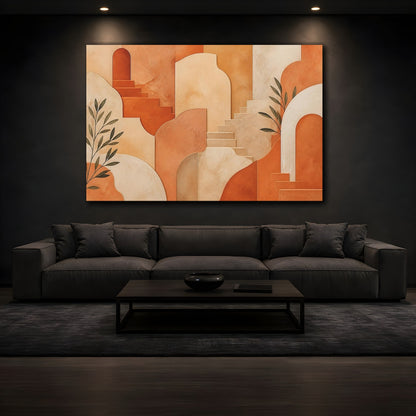 Mockup 3. Abstract Architectural Shapes Terracotta And Cream shown as stretched canvas wall art