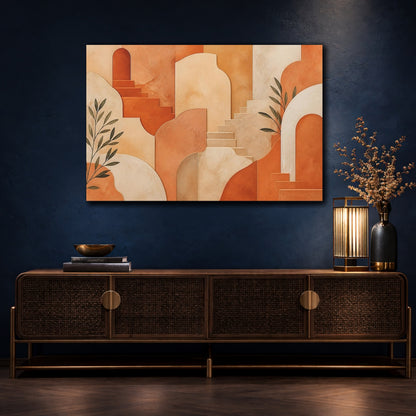 Mockup 4. Abstract Architectural Shapes Terracotta And Cream shown as stretched canvas wall art