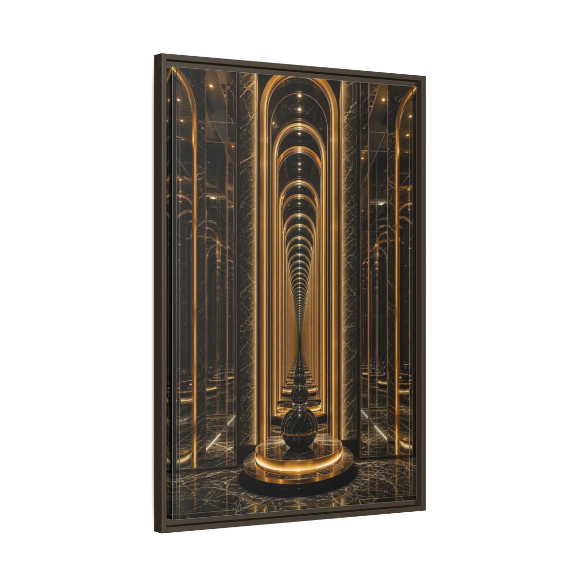 Main Mockup. Abstract Archway Corridor Gold Marble shown as stretched canvas wall art
