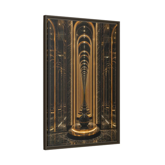 Main Mockup. Abstract Archway Corridor Gold Marble shown as stretched canvas wall art