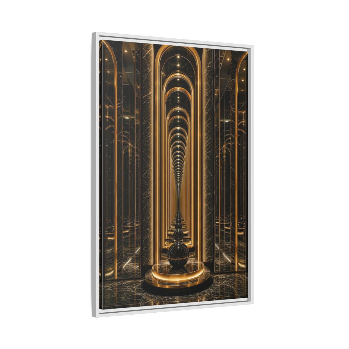 Side Mockup 9. Abstract Archway Corridor Gold Marble shown as stretched canvas wall art