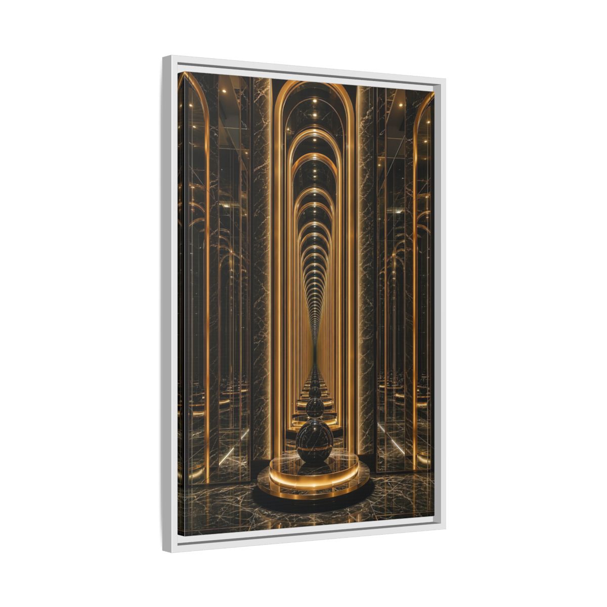 Side Mockup 10. Abstract Archway Corridor Gold Marble shown as stretched canvas wall art