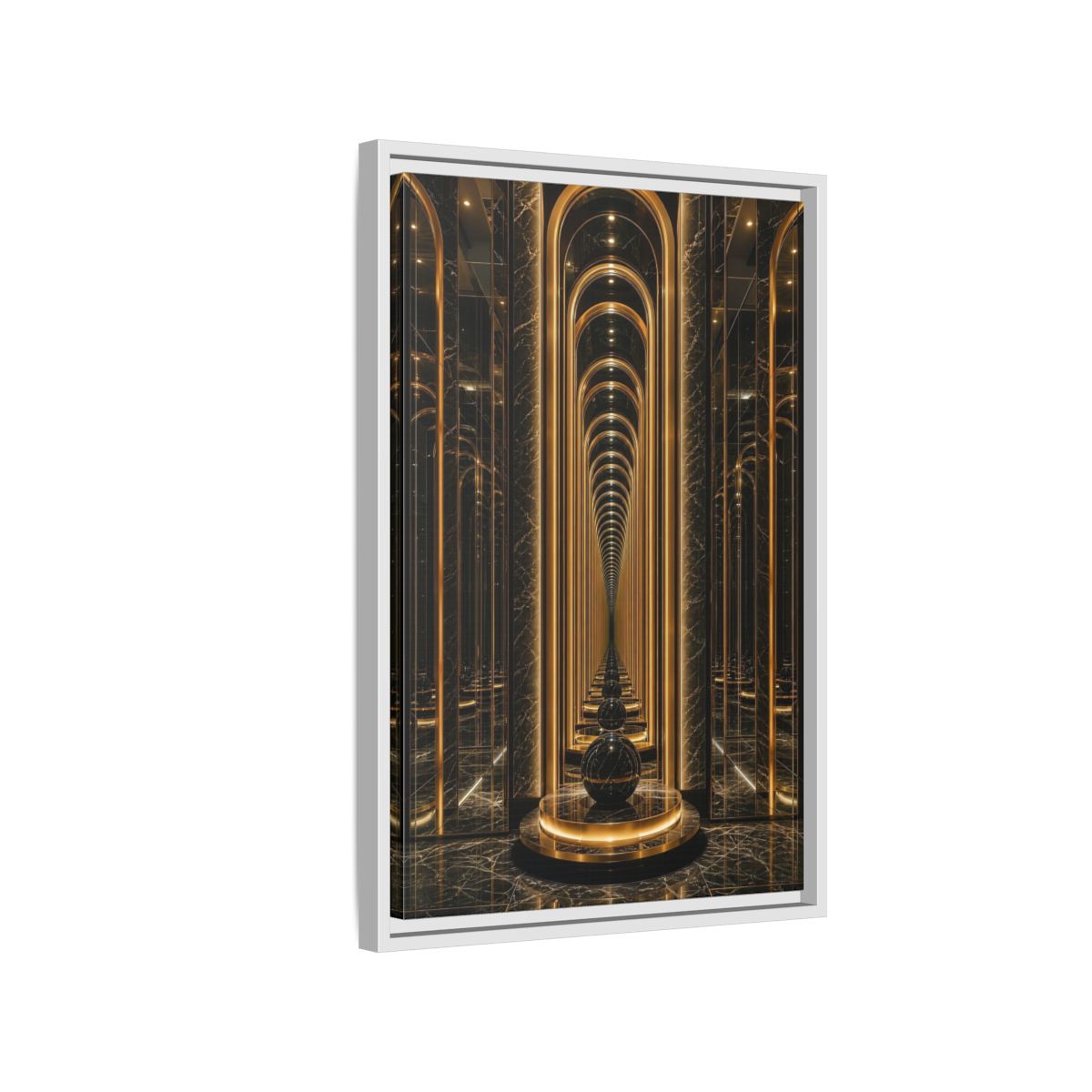 Side Mockup 1. Abstract Archway Corridor Gold Marble shown as stretched canvas wall art