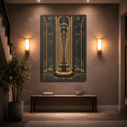 Abstract Archway Corridor Gold Marble Framed Canvas Wall Art - Modern Living Room shown as canvas wall art