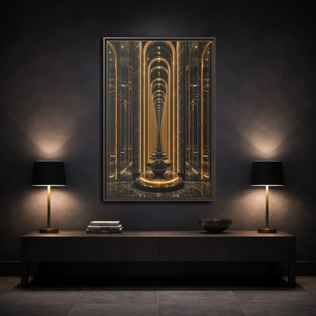 Mockup 3. Abstract Archway Corridor Gold Marble shown as stretched canvas wall art