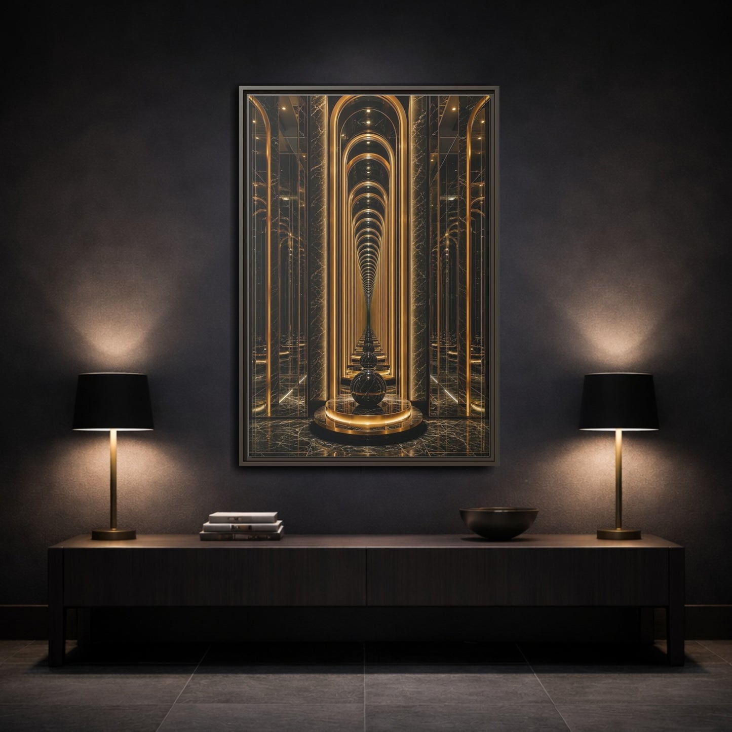 Abstract Archway Corridor Gold Marble Framed Canvas Wall Art - Modern Living Room shown as canvas wall art