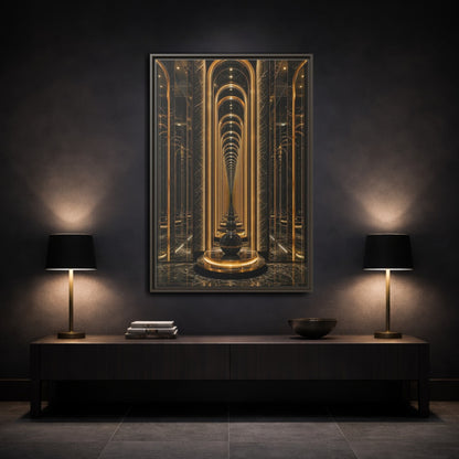 Abstract Archway Corridor Gold Marble Framed Canvas Wall Art - Modern Living Room shown as canvas wall art