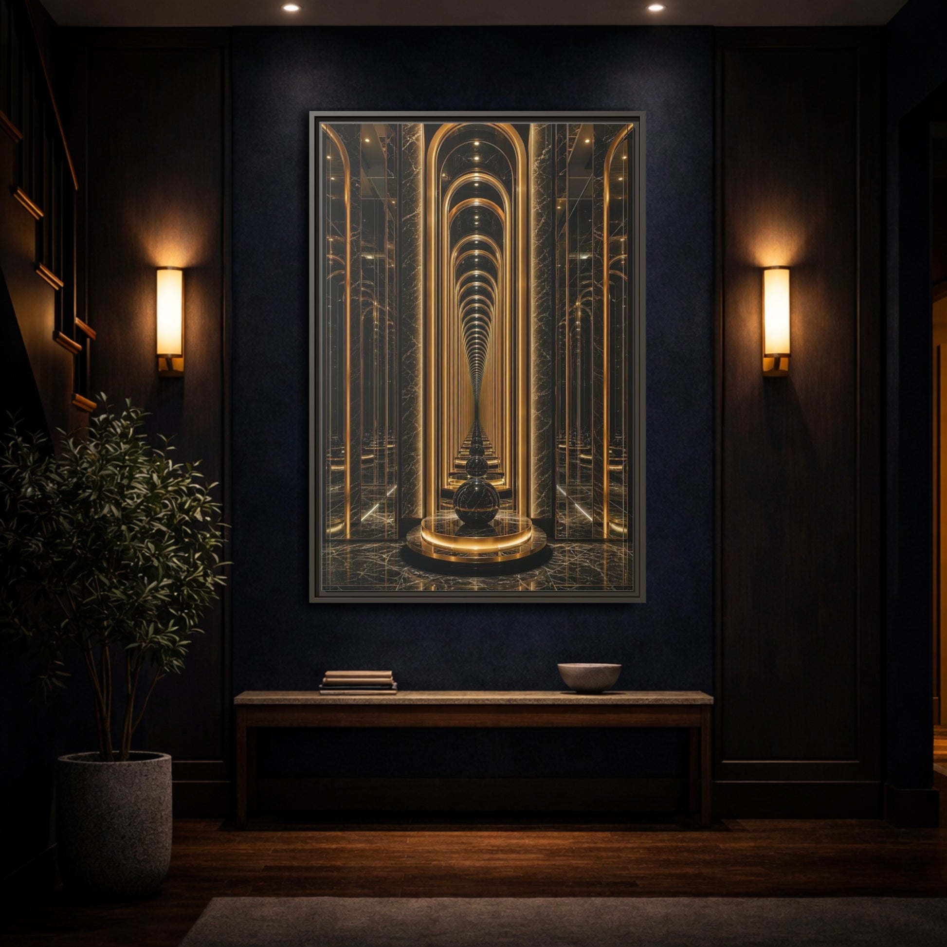 Abstract Archway Corridor Gold Marble Framed Canvas Wall Art - Modern Living Room shown as canvas wall art