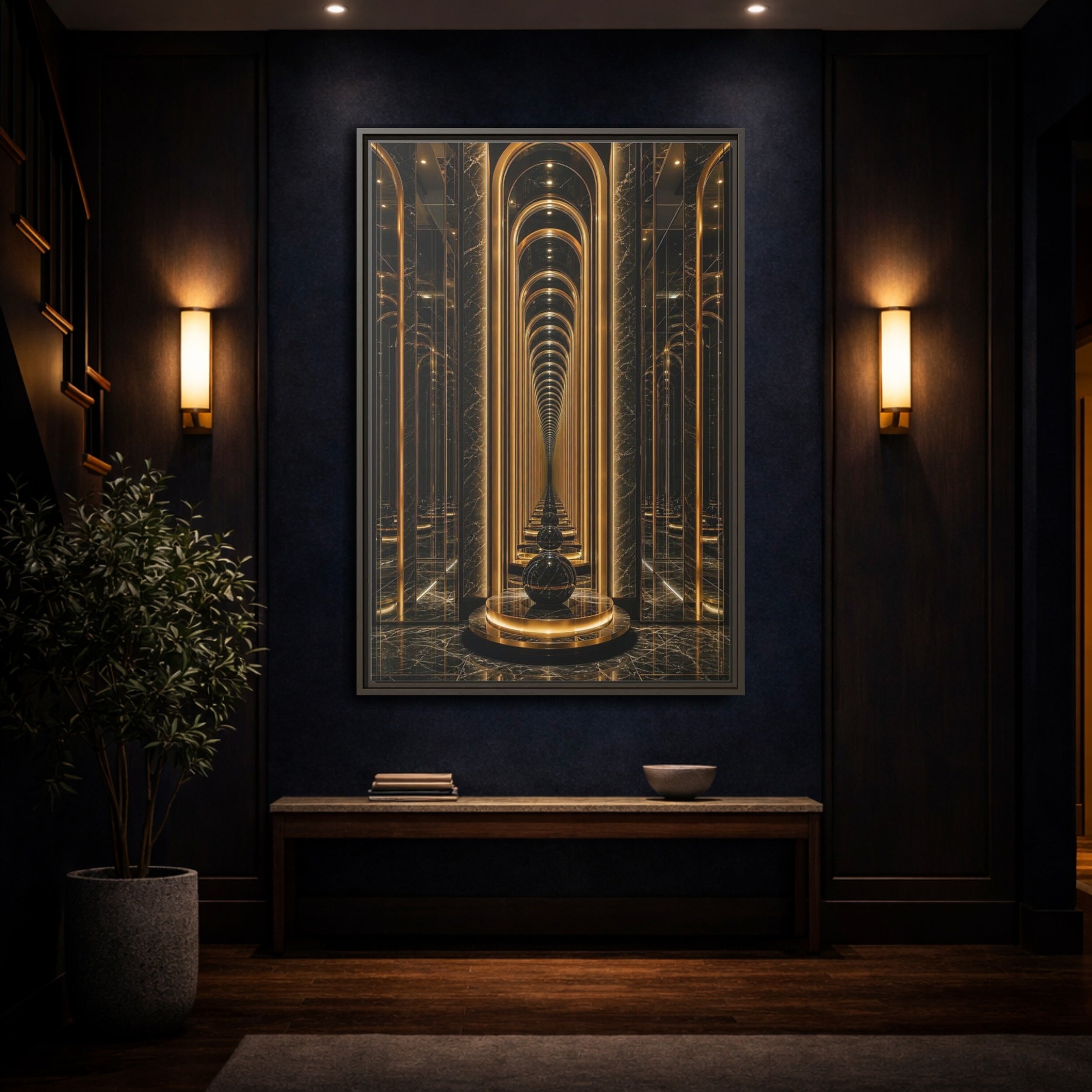 Mockup 4. Abstract Archway Corridor Gold Marble shown as stretched canvas wall art