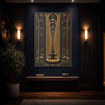 Abstract Archway Corridor Gold Marble Framed Canvas Wall Art - Modern Living Room shown as canvas wall art