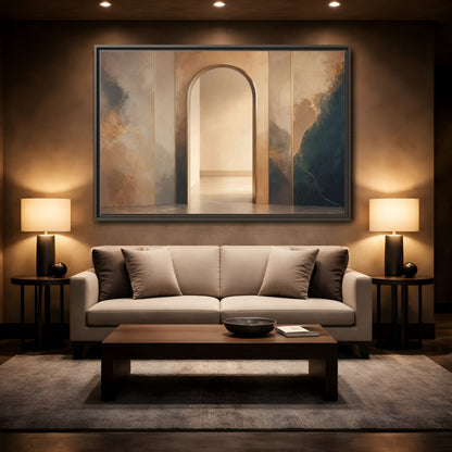 Mockup 2. Abstract Archway Gold And Blue Abstract shown as stretched canvas wall art