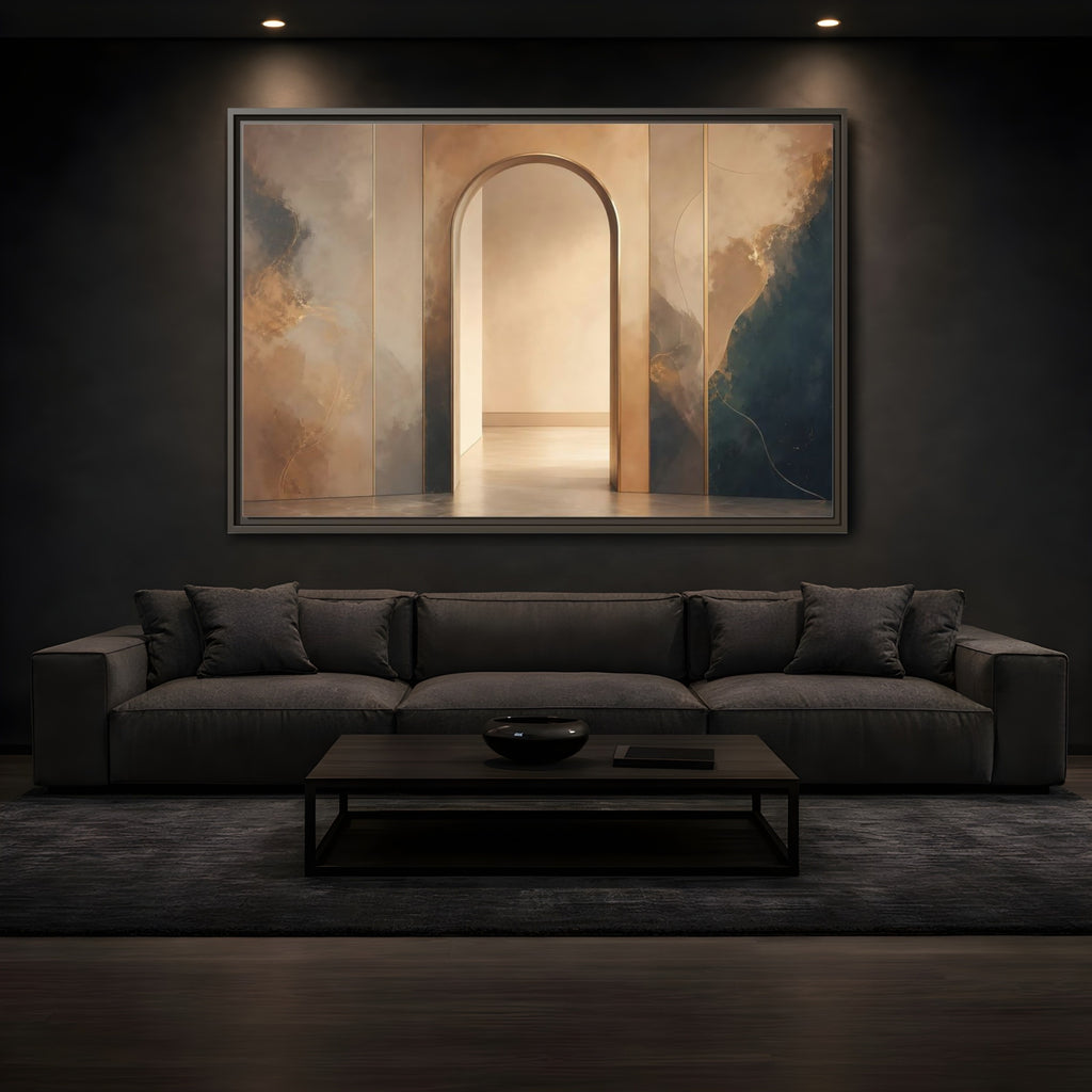 Mockup 3. Abstract Archway Gold And Blue Abstract shown as stretched canvas wall art