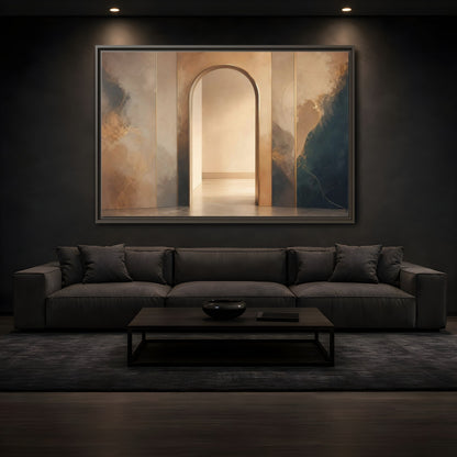 Mockup 3. Abstract Archway Gold And Blue Abstract shown as stretched canvas wall art