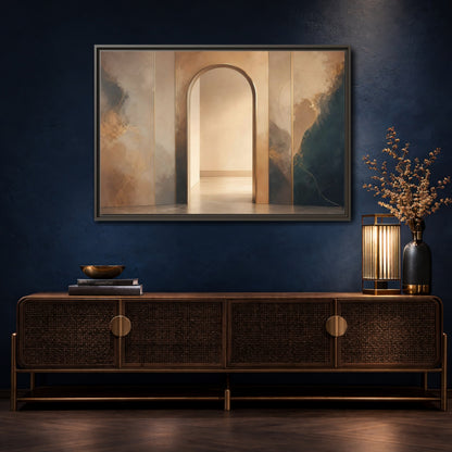 Mockup 4. Abstract Archway Gold And Blue Abstract shown as stretched canvas wall art
