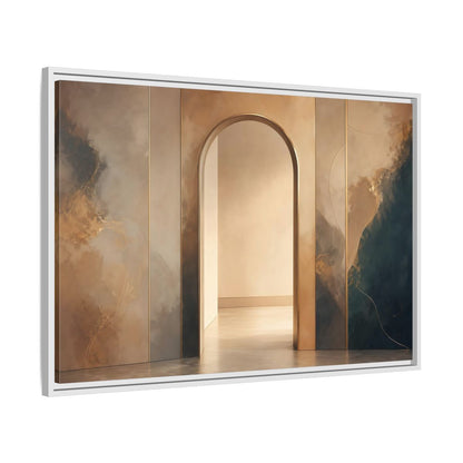Side Mockup 9. Abstract Archway Gold And Blue Abstract shown as stretched canvas wall art