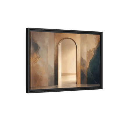 Side Mockup 3. Abstract Archway Gold And Blue Abstract shown as stretched canvas wall art