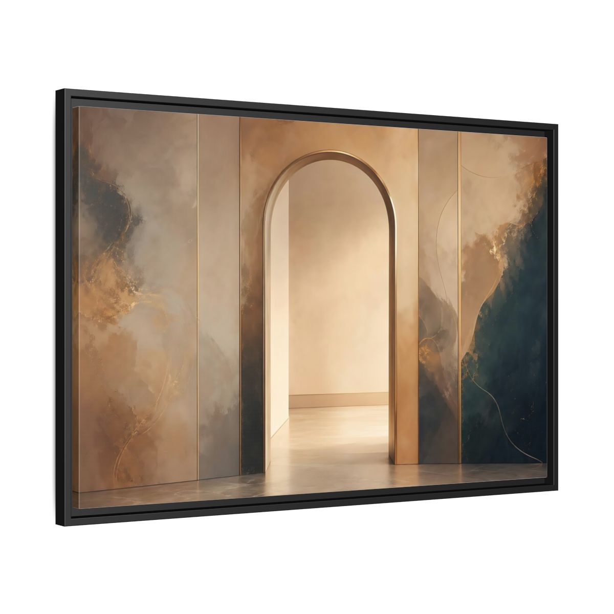 Side Mockup 13. Abstract Archway Gold And Blue Abstract shown as stretched canvas wall art
