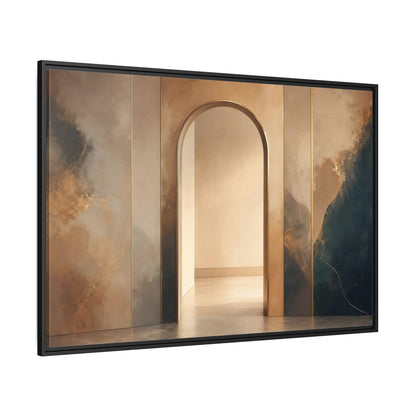 Side Mockup 12. Abstract Archway Gold And Blue Abstract shown as stretched canvas wall art