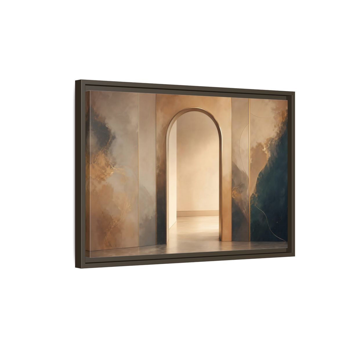 Side Mockup 2. Abstract Archway Gold And Blue Abstract shown as stretched canvas wall art