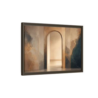 Side Mockup 2. Abstract Archway Gold And Blue Abstract shown as stretched canvas wall art