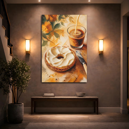 Mockup 2. Abstract Bagel, Coffee Warm Breakfast Art shown as stretched canvas wall art