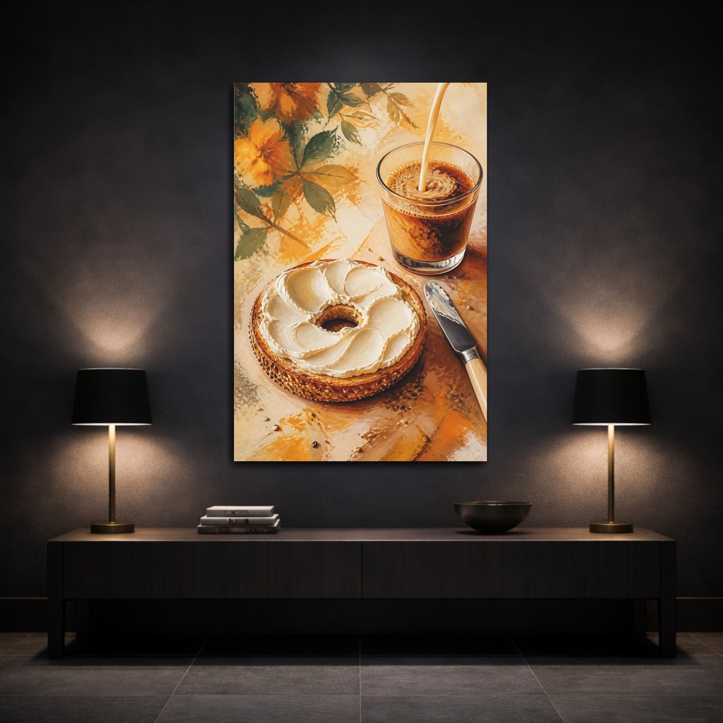 Mockup 3. Abstract Bagel, Coffee Warm Breakfast Art shown as stretched canvas wall art