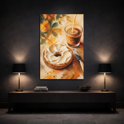 Mockup 3. Abstract Bagel, Coffee Warm Breakfast Art shown as stretched canvas wall art