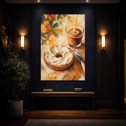 Mockup 4. Abstract Bagel, Coffee Warm Breakfast Art shown as stretched canvas wall art