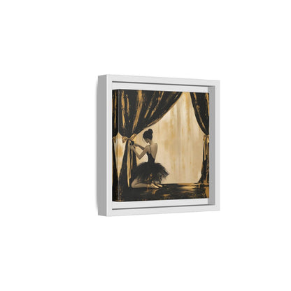 Side Mockup 1. Abstract Ballerina Black And Gold shown as framed canvas print