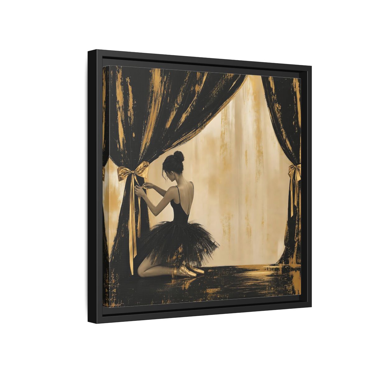 Side Mockup 15. Abstract Ballerina Black And Gold shown as framed canvas print