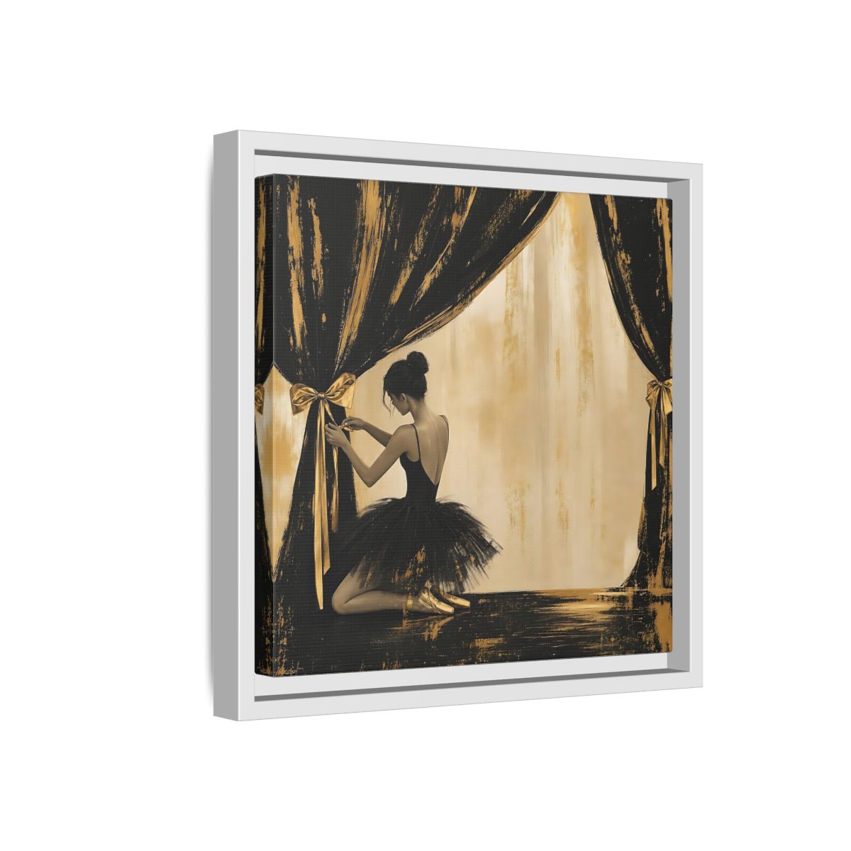 Side Mockup 16. Abstract Ballerina Black And Gold shown as framed canvas print